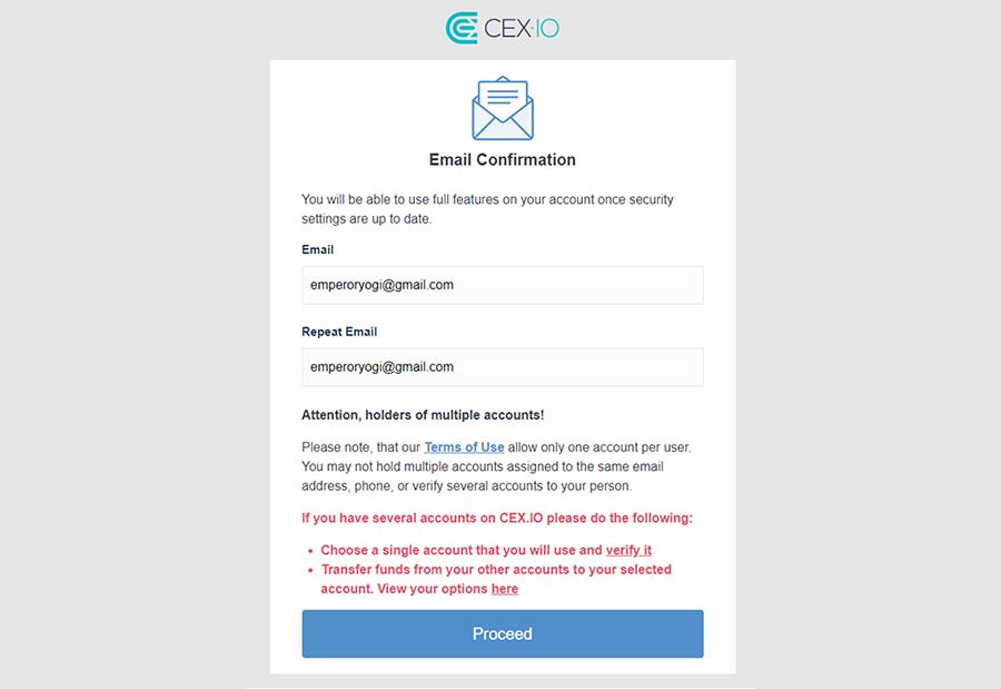 CEX.io exchange setup